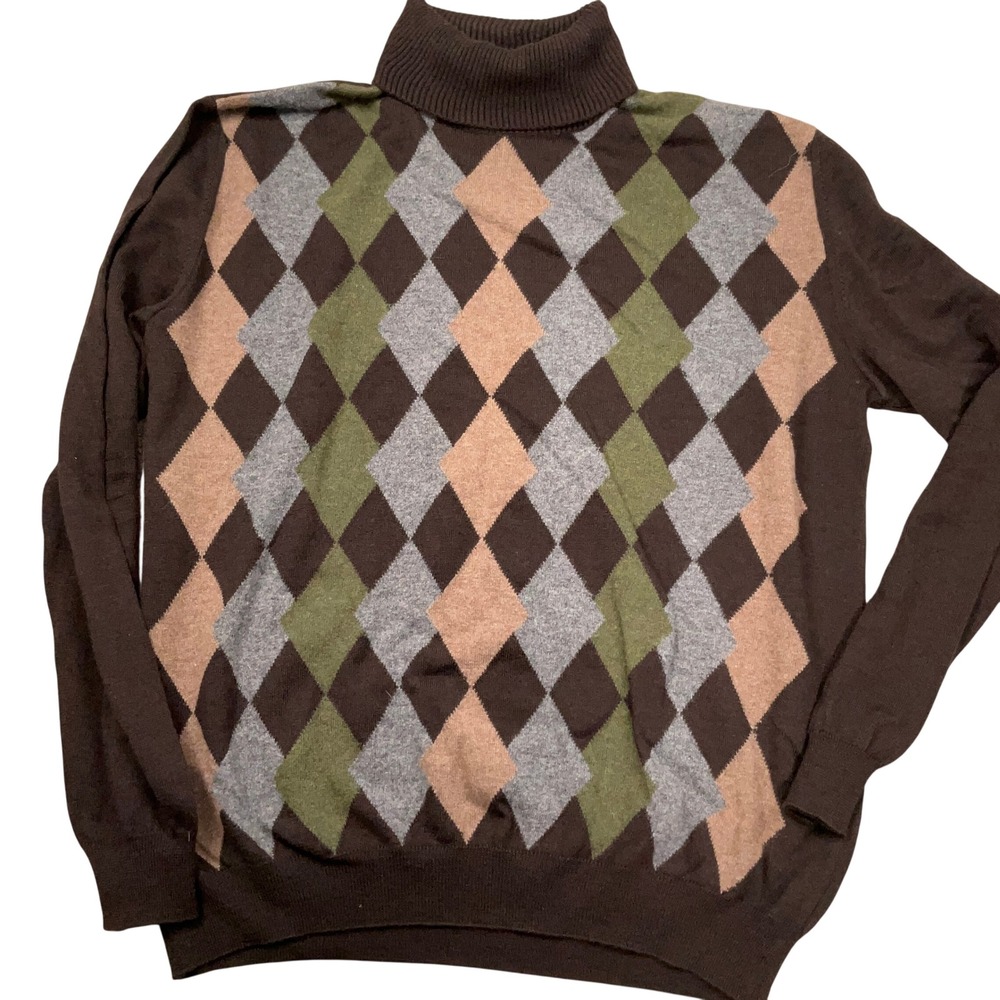 Ermenegildo Zegna Sweater Mens XXL Brown Green Argyle Turtleneck Cashmere Wool